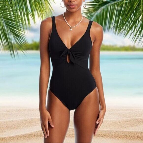 Robin Piccone Ava Plunge Neck Tie-Front One Piece Swimsuit size 8 - Picture 1 of 6